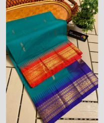Blue Turquoise and Red gadwal cotton sarees with temple border design