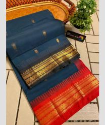 Bluish Grey and Red gadwal cotton sarees with temple border design