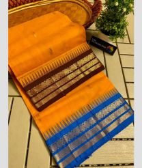 Lite Orange and Blue gadwal cotton sarees with temple border design