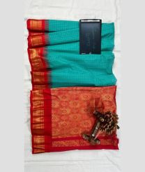 Turquoise and Red gadwal cotton sarees with All over Checks design