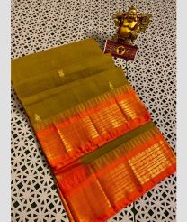 Mehendi Green and Orange gadwal cotton sarees with kanchi border design