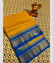 Cantaloupe and Blue gadwal cotton sarees with kanchi border design