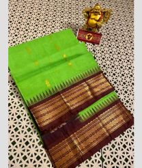 Parrot Green and Chocolate gadwal cotton sarees with kanchi border design