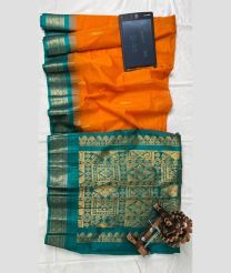 Orange and Turquoise gadwal cotton sarees with temple border design