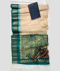 Cream and Turquoise gadwal cotton sarees with temple border design