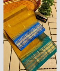 Mustard Yellow and Blue gadwal cotton sarees with Temple Kanchi Border design