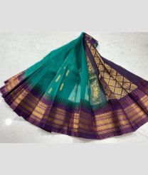 Medium Teal and Plum Purple gadwal cotton sarees with temple border design