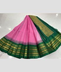 Rose Pink and Green gadwal cotton sarees with temple border design