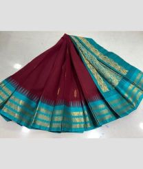 Maroon and Turquoise gadwal cotton sarees with temple border design