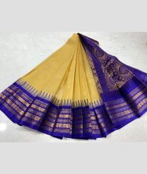 Cream and Royal Blue gadwal cotton sarees with temple border design