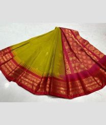 Leafy Green and Red gadwal cotton sarees with temple border design
