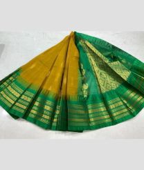 Mustard Yellow and Green gadwal cotton sarees with temple border design