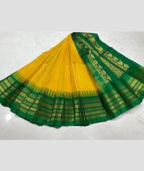 Yellow and Green gadwal cotton sarees with temple border design