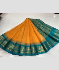 Orange and Teal gadwal cotton sarees with temple border design