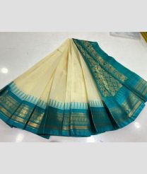 Cream and Teal gadwal cotton sarees with temple border design