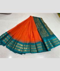 Orange and Dark Teal gadwal cotton sarees with temple border design