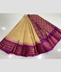 Cream and  Dark Magenta gadwal cotton sarees with temple border design
