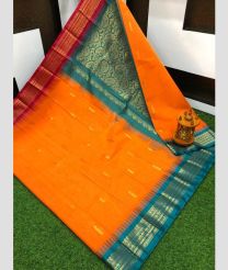 Orange and Teal gadwal cotton sarees with Kanchi Border design