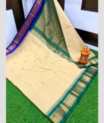 Cream and Teal gadwal cotton sarees with Kanchi Border design