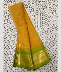Mustard Yellow and Lite Parrot Green gadwal cotton sarees with Temple Kanchi Border design