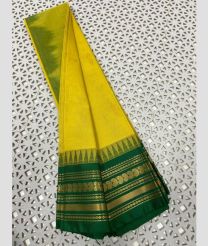 Yellow and Dark Green gadwal cotton sarees with Temple Kanchi Border design