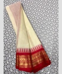 White and Crimson gadwal cotton sarees with Temple Kanchi Border design