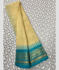 Cream and Cyan gadwal cotton sarees with Temple Kanchi Border design