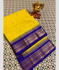 Yellow and Royal Blue gadwal cotton sarees with Temple Kanchi Border design