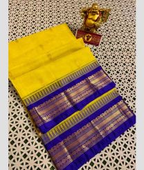Yellow and Sapphire Blue gadwal cotton sarees with Temple Kanchi Border design