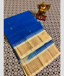 Blue and Cream gadwal cotton sarees with Temple Kanchi Border design