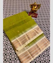 Leafy Green and Cream gadwal cotton sarees with Temple Kanchi Border design