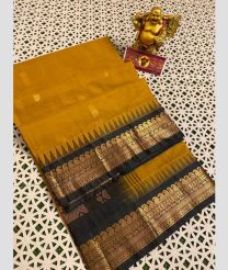 Mustard Yellowa nd Black gadwal cotton sarees with Temple Kanchi Border design