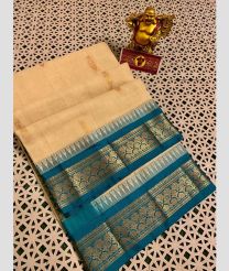 Cream and Medium Teal gadwal cotton sarees with Temple Kanchi Border design