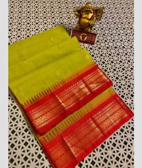 Lite Parrot Green and Red gadwal cotton sarees with Temple Kanchi Border design