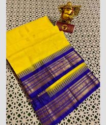 Yellow and Blue gadwal cotton sarees with Temple Kanchi Border design