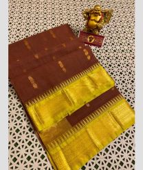 Brown and Golden Yellow gadwal cotton sarees with Temple Kanchi Border design