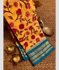 Lite Orange and Blue Ivy gadwal cotton sarees with all over printed design