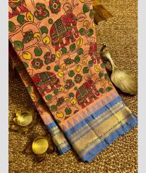 Lite Peach and Blue gadwal cotton sarees with all over printed design