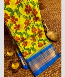 Yellow and Blue gadwal cotton sarees with all over printed design