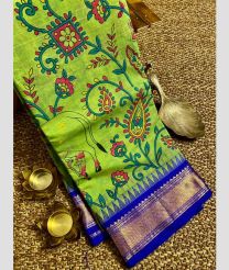 Lite Parrot Green and Royal Blue gadwal cotton sarees with all over printed design