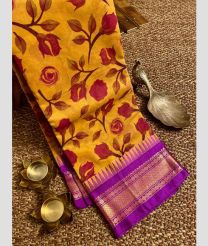 Mango Yellow and Magenta gadwal cotton sarees with all over printed design
