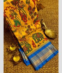 Mango Yellow and Blue gadwal cotton sarees with all over printed design