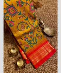 Mustard Yellow and Red gadwal cotton sarees with all over printed design