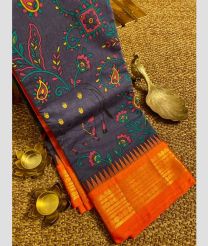 Charcoal Black and orange gadwal cotton sarees with all over printed design