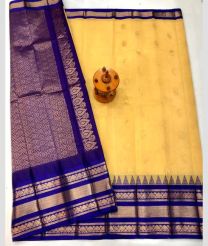 Navy Blue and Lite Yellow gadwal cotton sarees with kanchi border design