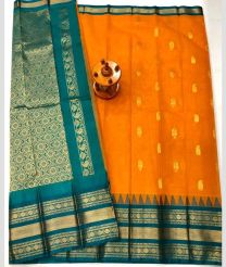 Teal and Orange gadwal cotton sarees with kanchi border design