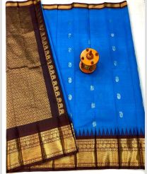 Dark Chocolate and Blue gadwal cotton sarees with kanchi border design