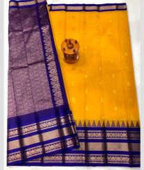 Navy Blue and Mango Yellow gadwal cotton sarees with kanchi border design