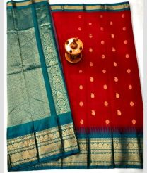 Teal and Red gadwal cotton sarees with kanchi border design