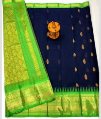 Parrot Green and Navy Blue gadwal cotton sarees with kanchi border design